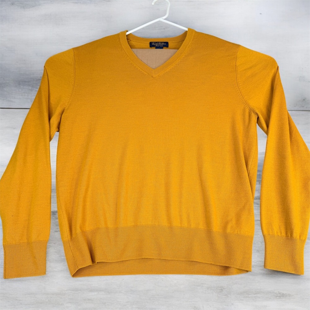 Brooks Brothers V Neck SAXON WOOL‎ Sweater Mens Large Mustard Yellow Long Sleeve